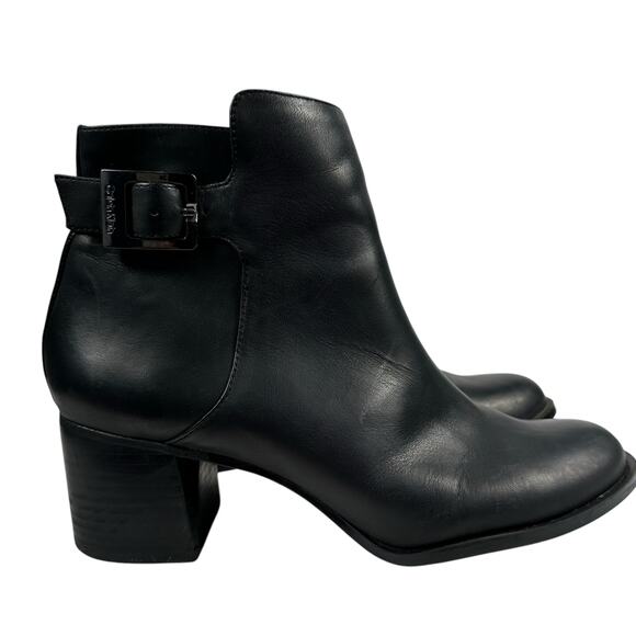 Calvin Klein Neema Heeled Leather Boot Black Womens Size 8.5 Chunky Heel Buckle - Picture 1 of 13
